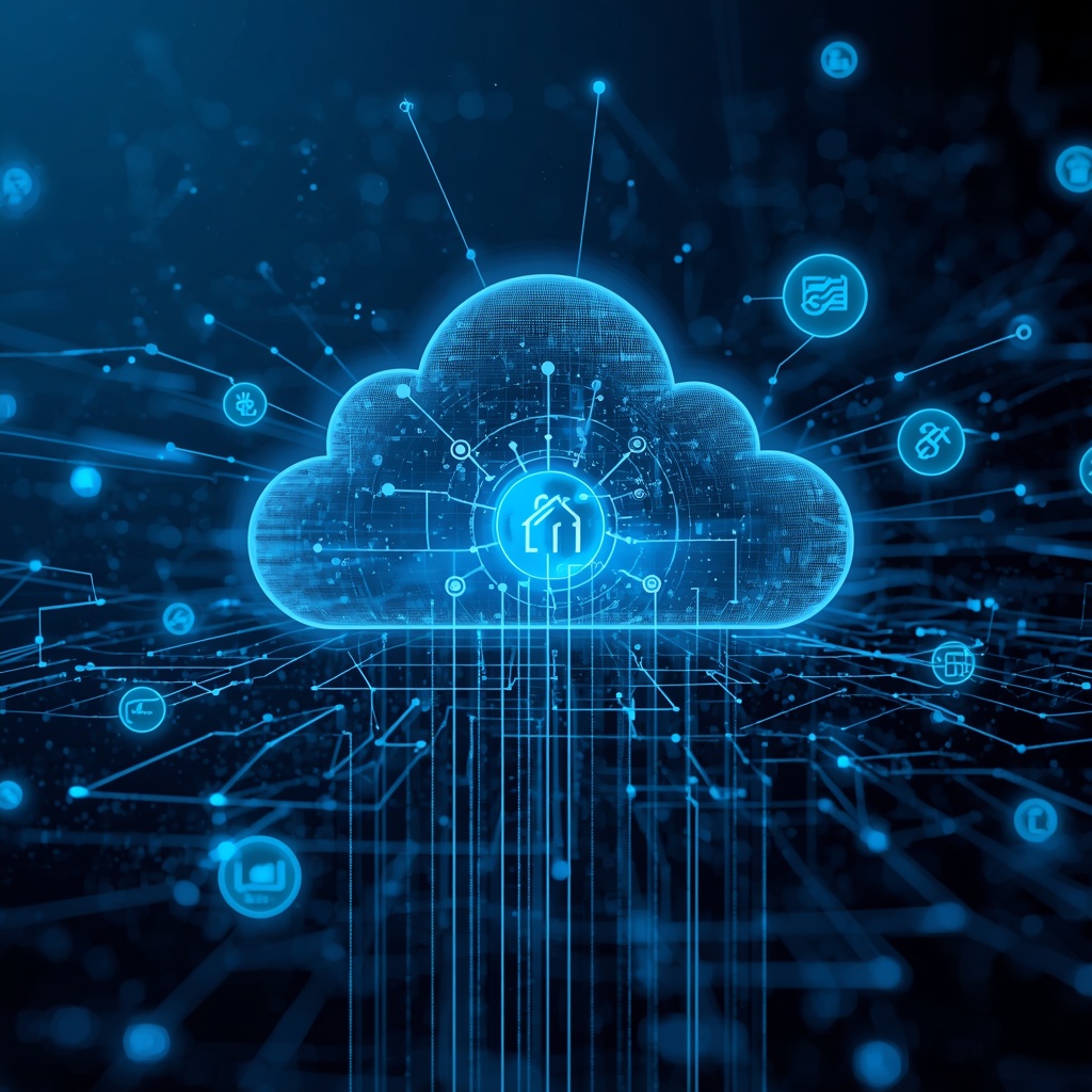 Abstract visualization of cloud computing services with floating digital icons and interconnected data streams, holographic interface technology concept